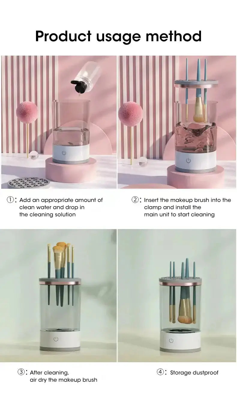 Detailed product usage method for the USB Electric Makeup Brush Cleaner. Includes cleaning, drying, and storage steps.